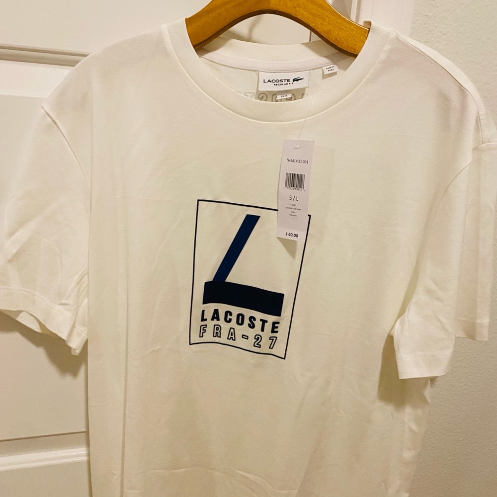 Lacoste White and Blue Short Sleeve Tee
